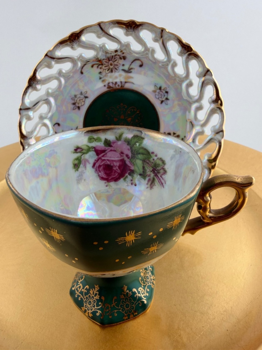 Chase Japan-Reticulated Iridescent Pedestal, Pegasus Mark, 1950-VTG Tea Cup Set